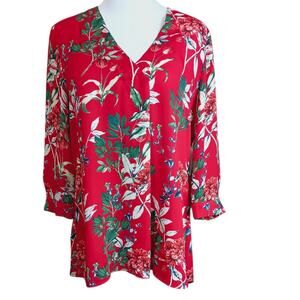 ROSE & OLIVE Romantic Floral‎ Red Top Blouse Medium V-Neck 3/4 Sleeves Career